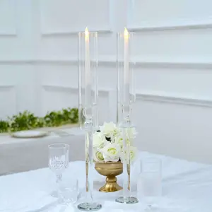 2-Pack Crystal Glass Hurricane Taper Candle Holders, Tall Decorative Candle Stands Clear Cylinder Chimney Tubes 22"