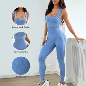 Hijesse Women's square-neck high-waisted tight-fitting fitness one-piece pants, one-piece yoga clothes, fitness one-piece pants, sports one-piece clothes, suitable for daily outings and spring/summer wear.