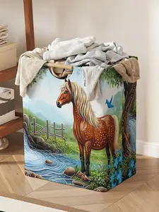 Horse Pattern Printed Open Storage Bin, Foldable Laundry Basket Storage Bag with Handles, Household Foldable Laundry Hamper for Bathroom and Dirty Clothes Storage