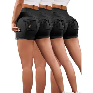 3pcs Women's High-Waisted Butt Lifting Workout Scrunch Shorts with Pockets - Yoga & Gym Booty Shorts, High-Elasticity Machine-Washable Tight-Fit Solid Color for Spring Summer Fall, Fitness Apparel |   Sleek Design |   No Transparency Fabric