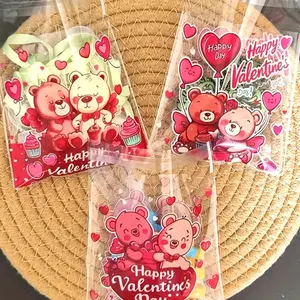 Valentine's Day Happy Bear Print Gift Packaging Bags, Valentine's Day Party Packaging Bags,Transparent Self-adhesive Bags, Four-in-one Mixed Packaging - Suitable for Various Small Gift Packaging on Valentine's Day，Four Patterns Are Selected Randomly.