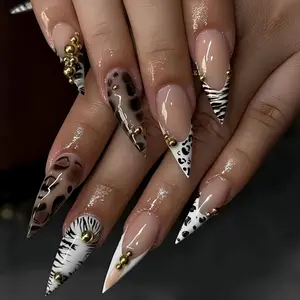 24pcs Long Almond Shape Leopard Zebra Print Press-On Nails, Almond Fake Nails, Metal Rivet French Tip, Unique Punk Style, Easy to Apply, Reusable