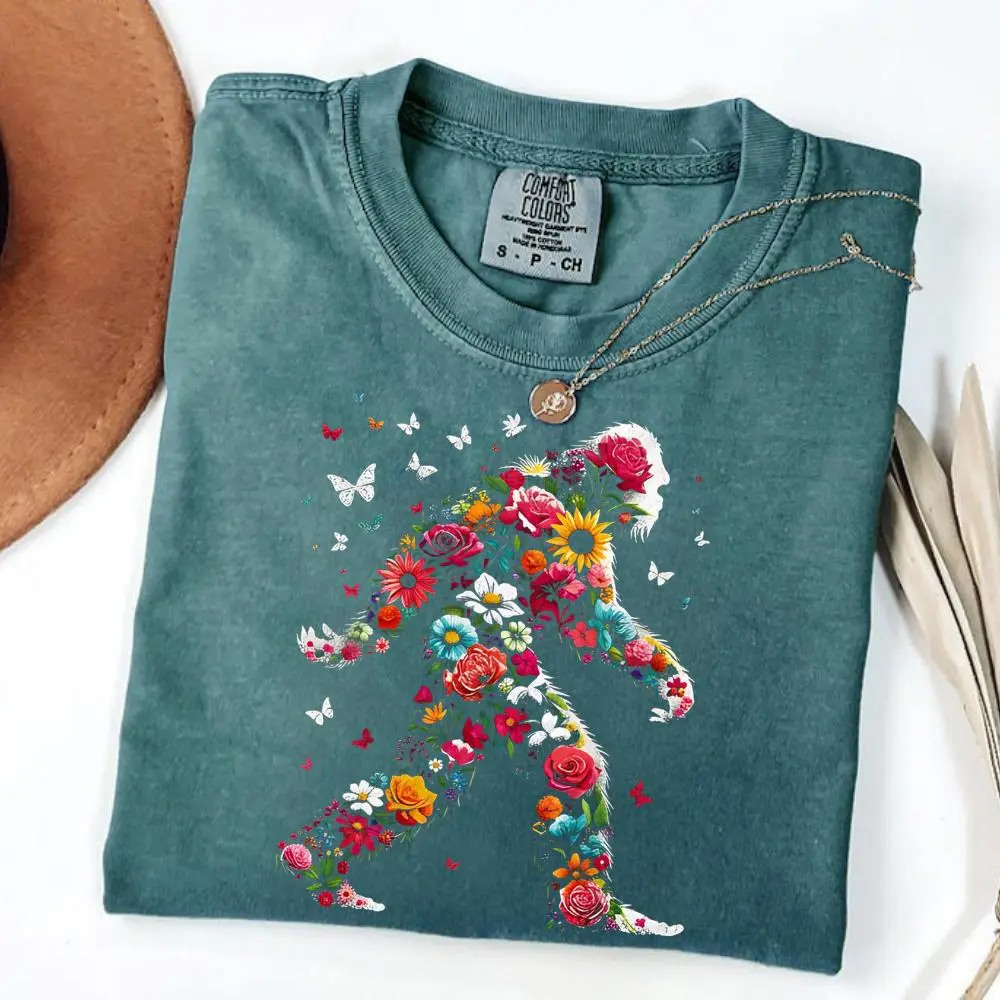 Comfort Colors Floral Bigfoot Shirt, Cute Sasquatch Graphic Tee for Women, Nature Lover T-Shirt, Woodland Adventure Apparel, Aesthetic Cryptid Gift