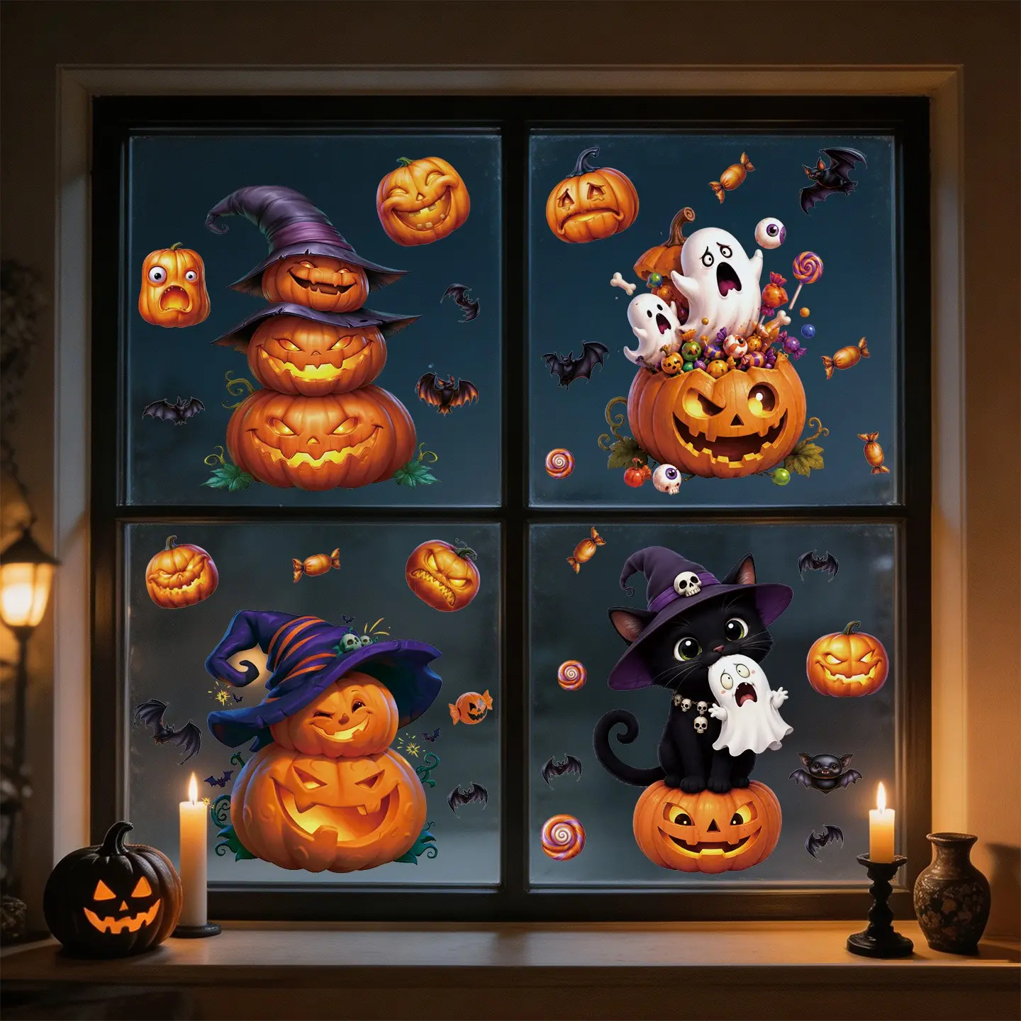 Halloween Pumpkin Window Decals Set, Sticker Sheets, Jack-O-Lantern Spooky Candy Ghost Black Cat, Indoor & Outdoor Glass Stickers, Festive Decoration Glass Stickers, Decoration Items