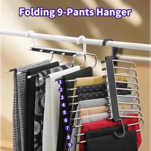 9-Tier Folding Pants Hanger - Stainless Steel Closet Organizer for Jeans Leggings Trousers | Space Saving
