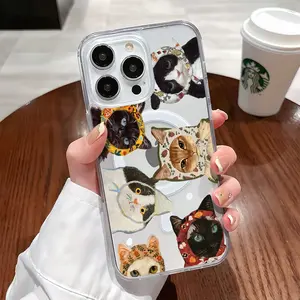 Floral Cat Collage Pattern Magnetic Clear Compatible with MagSafe Shockproof Protective Phone Case for iPhone 17 16 15 14 13 12 11 Pro Max X XS Air Plus Guadalupe Maria