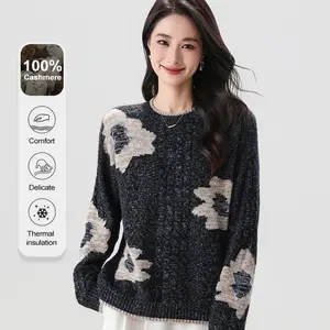 MuMeng [100% Cashmere] Women's Crew Neck Pullover - Soft Breathable Egg Flower Print - Long-Sleeve Top for Fall Classy Cashmere Pullover- 5391