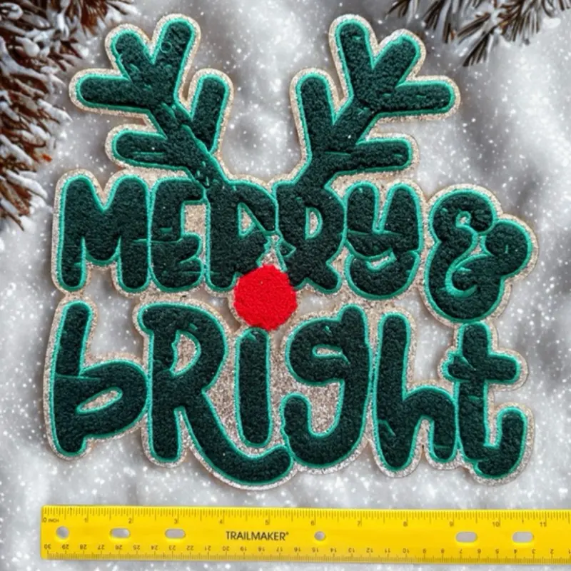 Merry & Bright chenille Fabric Iron-On Patch Pink Sequined Embroidery for Jackets Dresses DIY Christmas Decoration Hand Sewing Craft Supplies Vibrant Design Quality Material