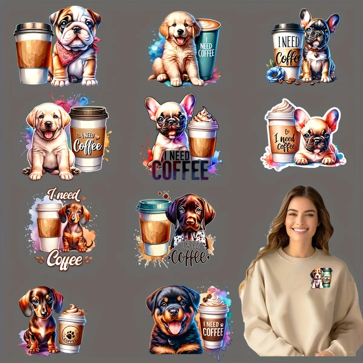 12pcs/set Coffee Dog DIY Transfer DTF Transfer Sticker Washable Vinyl Hot Transfer Design Iron-free Transfer Decal for T-shirts, Masks, Jeans, Backpacks