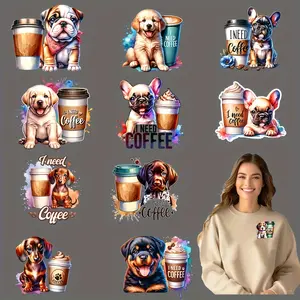 12pcs/set Coffee Dog DIY Transfer DTF Transfer Sticker Washable Vinyl Hot Transfer Design Iron-free Transfer Decal for T-shirts, Masks, Jeans, Backpacks