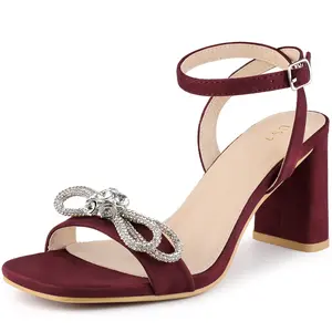 BLISSFUL STEP Rhinestone Bow Slingback Chunky Heels Sandal for Women