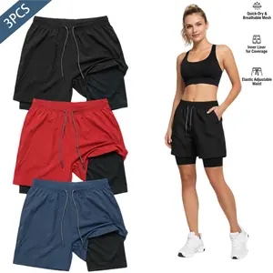 Women's 3PCS Unisex 2-In-1 Quick-Dry Running Shorts with Compression Liner, Elastic Waist, Cotton Clothes, Fitted Cut, Breathable Multi-Size Trunks for Daily Wear, Gym Workout,summervibes