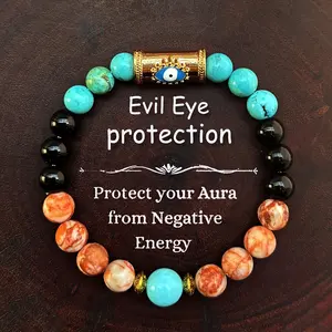 Samma-sati Evil Eye Protection Bracelet Turquoise Agate & Black Onyx Gold-Plated Cuban Bangle Unisex Jewelry for Lovers bracelet men,bracelets for women,lucky bracelets,couple bracelets,bracelet men,beautiful jewelry