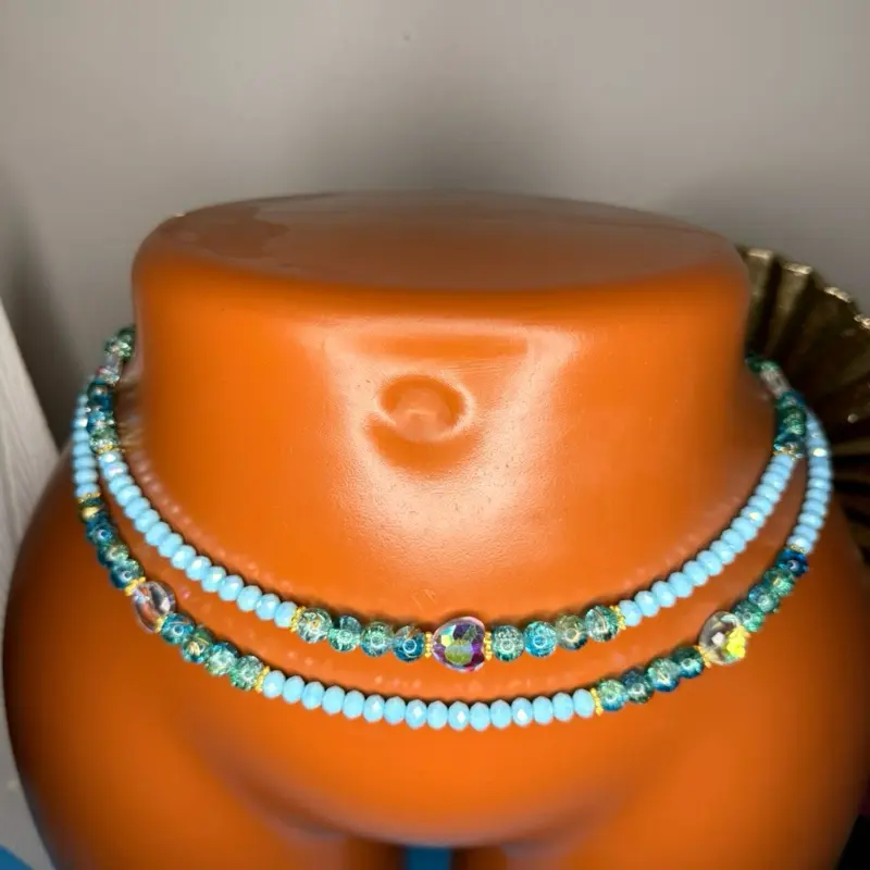 MAKD by satousha Azure Nia Traditional Senegalese Waistbeads for Women, Ethnic Glass Bead Body Jewelry with Crystal Accents for Fertility, 1 Strand, Female, Shimmer Crystals, Ocean Tones, Cultural Wear, One Strand