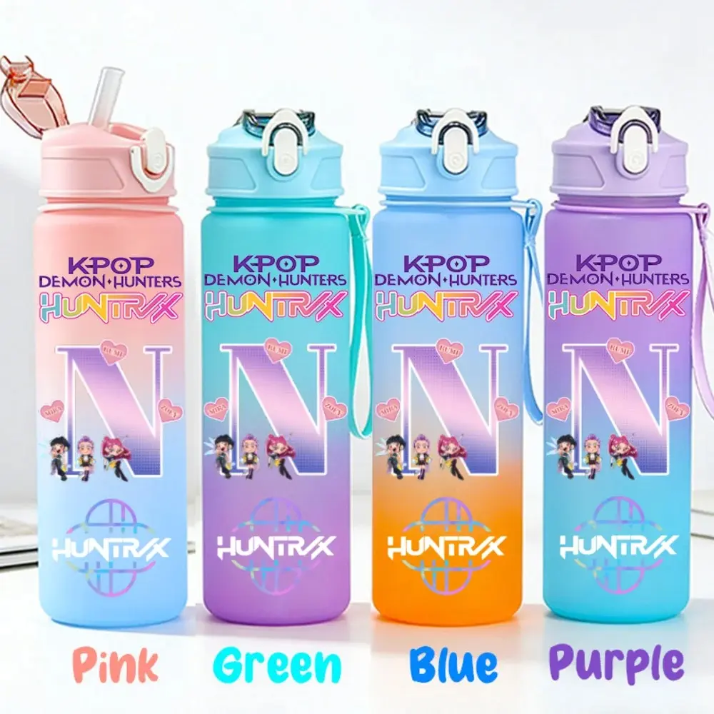 KPop Gradient Water Bottle 750ml – Cartoon Straw Cup, Portable Reusable Drink Bottle for School, Camping, Sports & Travel