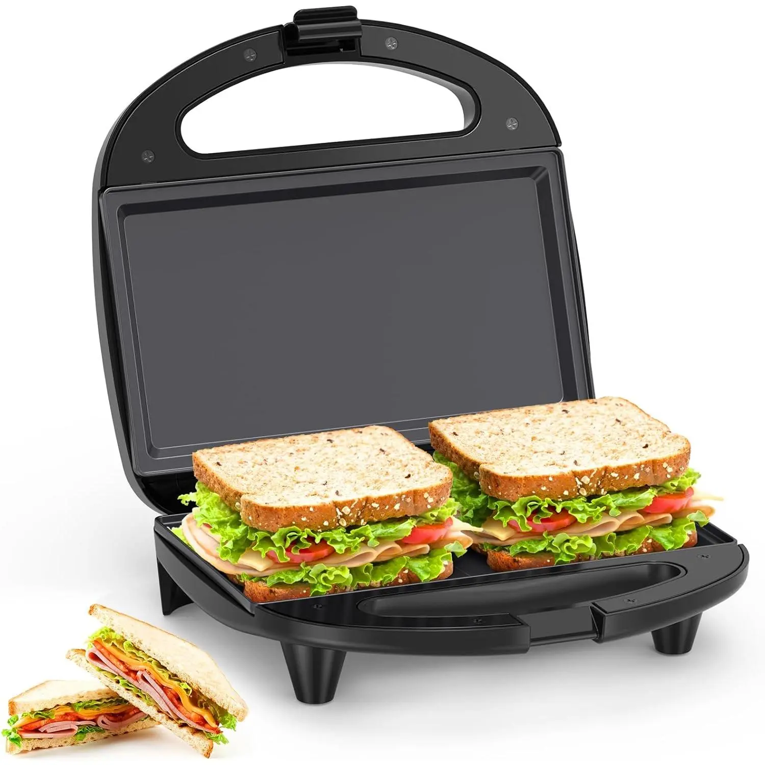 ABS07 2-Slice Sandwich Press & Maker, 750W Power Electric Grill with Non-Stick Coating Flat Plates, Indicator Lights, Cool-Touch Handle, 8.46*4.92in Space-Saving Stylish Design, Easy to Clean & Store