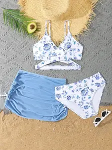 Teen Girl Allover Print Wrap Bikini Set, Modest 2-Piece Swimsuit with Beach Skirt for Summer Holiday