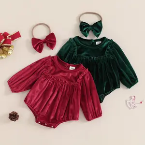 Baby Girls 2Piece Fall Romper Clothes Solid Color Round Neck Long Sleeve Velvet Jumpsuits with Headband