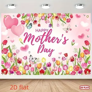 1pc 2D Flat, Happy Mother'S Day Pink Tulip & Heart-Shaped Background Cloth - Polyester, No Power Needed, Perfect for Party Decorations & Photo Backdrops