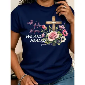 100% Cotton, Women's Jesus Short Sleeve Round Neck T-Shirt - Floral Cross and Isaiah 53:5 Scripture Print, Breathable Fabric, Spring and Summer Casual Style, Machine Washable, Holiday Gift, Comfortable for Daily Wear