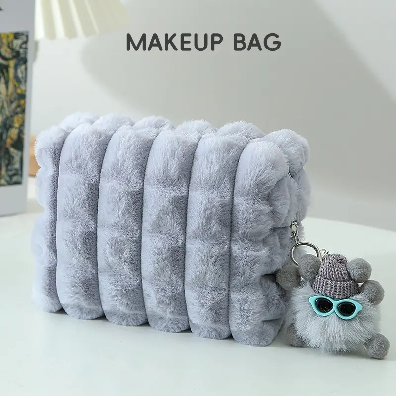 Large-Capacity Plush Makeup Bag with Pom-Pom Charm — Soft-Touch Cosmetic Pouch, Makeup Organizer Pouches, Ideal for Travel and Home Use; A Cute and Practical Design for Women — Travel Makeup Bag, Makeup Travel Organizer