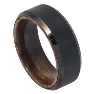 Men's Black Finish Tungsten Carbide Rings with Inside Wood Inlay With Mens 8MM Wedding Ring Promise Ring Wooden Ring Rosewood Inlay Ring