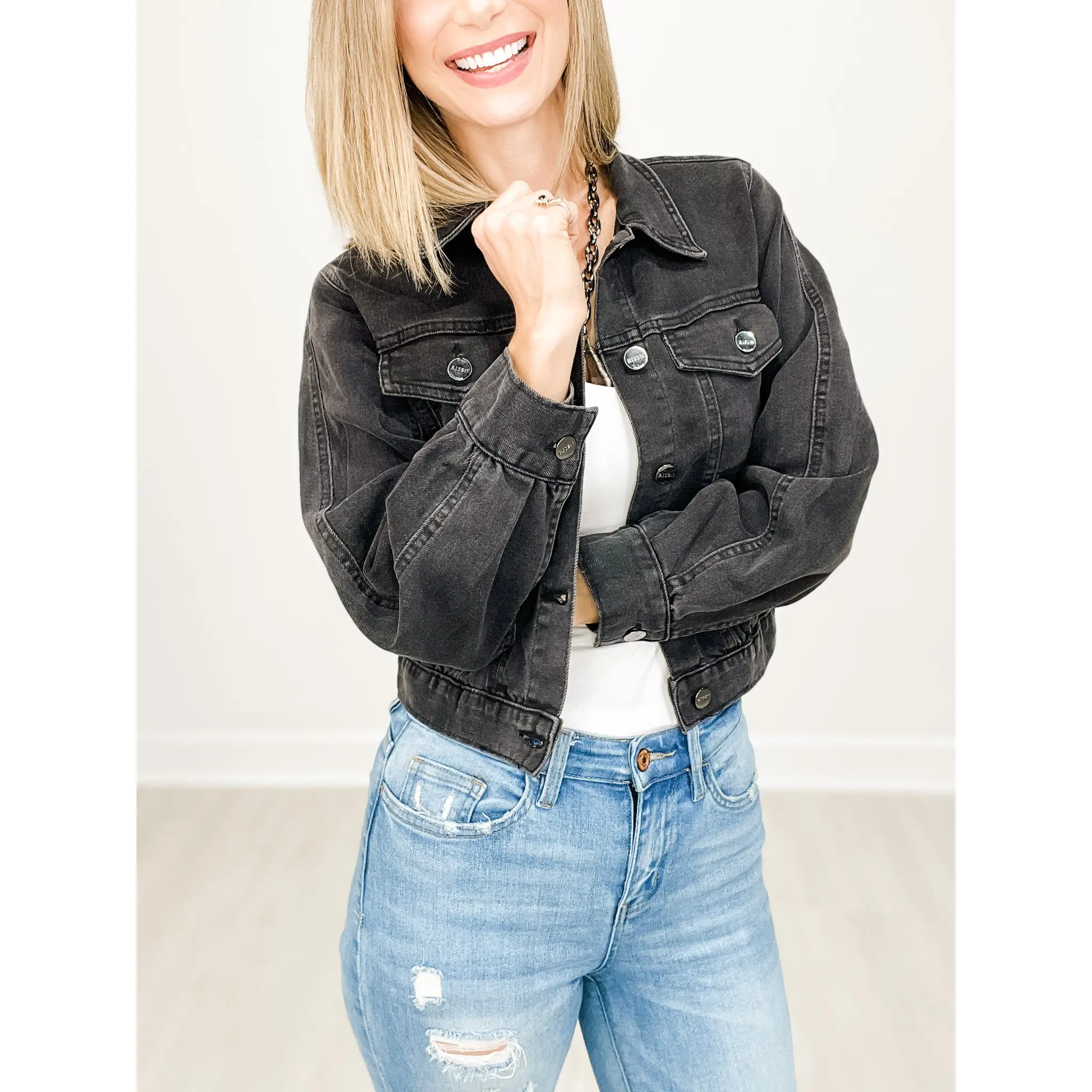 RIsen Balloon Sleeve Cropped Denim Jacket
