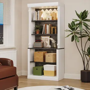5-Tier Open Bookcase, Tall Roman Column Bookshelf with LED Lights, White & Black Wood Grain Adjustable Book Shelves, Freestanding Display Storage Organizer for Home Office, Living Room
