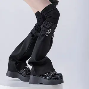 Premium Fake Two-Piece Patchwork Knee-High Leg Warmers Unique Stackable Thigh Socks Subculture Style Leather Buckle Decor Wide Leg Thin Sleeves Fashion Statement