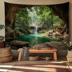 1pc Wall Hanging Forest Waterfall Natural Landscape Home Decor Scenery Backdrop Art Living Room Bedroom Meditation Green Nature Space Boho Style Decoration Gift Relaxation Cozy Vibe Apartment House Tapestry, Home Decor Supplies
