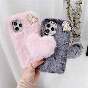 Cute Heart Shaped Pendant Fluffy Phone Case Protector, Soft Comfortable Design Phone Protective Cover, Fashion Phone Accessories Compatible with iPhone, Casing