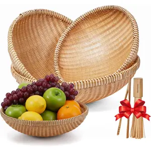 – Set of 3 Handwoven Bamboo & Rattan Baskets, Styles – Decorative & Functional for Fruit, Bread, Snacks – Bonus Tongs & Whisk (SET3 Handwoven Bamboo Basket – Single Orchid Weave)