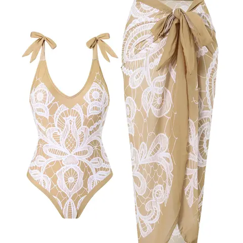 Women's Floral & Geometric Print Tie Shoulder One-piece Swimsuit & Cover Up Skirt Set, Swimsuit for Beach Holiday Vacation, Swimsuit Coverups, Swimwear Coverups, Beach Cover Ups, Beachwear Cover Up