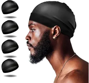 4Pcs Wave Cap, Silk Stocking Wave Caps for 360 Waves, Silky Durag for Men, Stain Caps (4*Black)