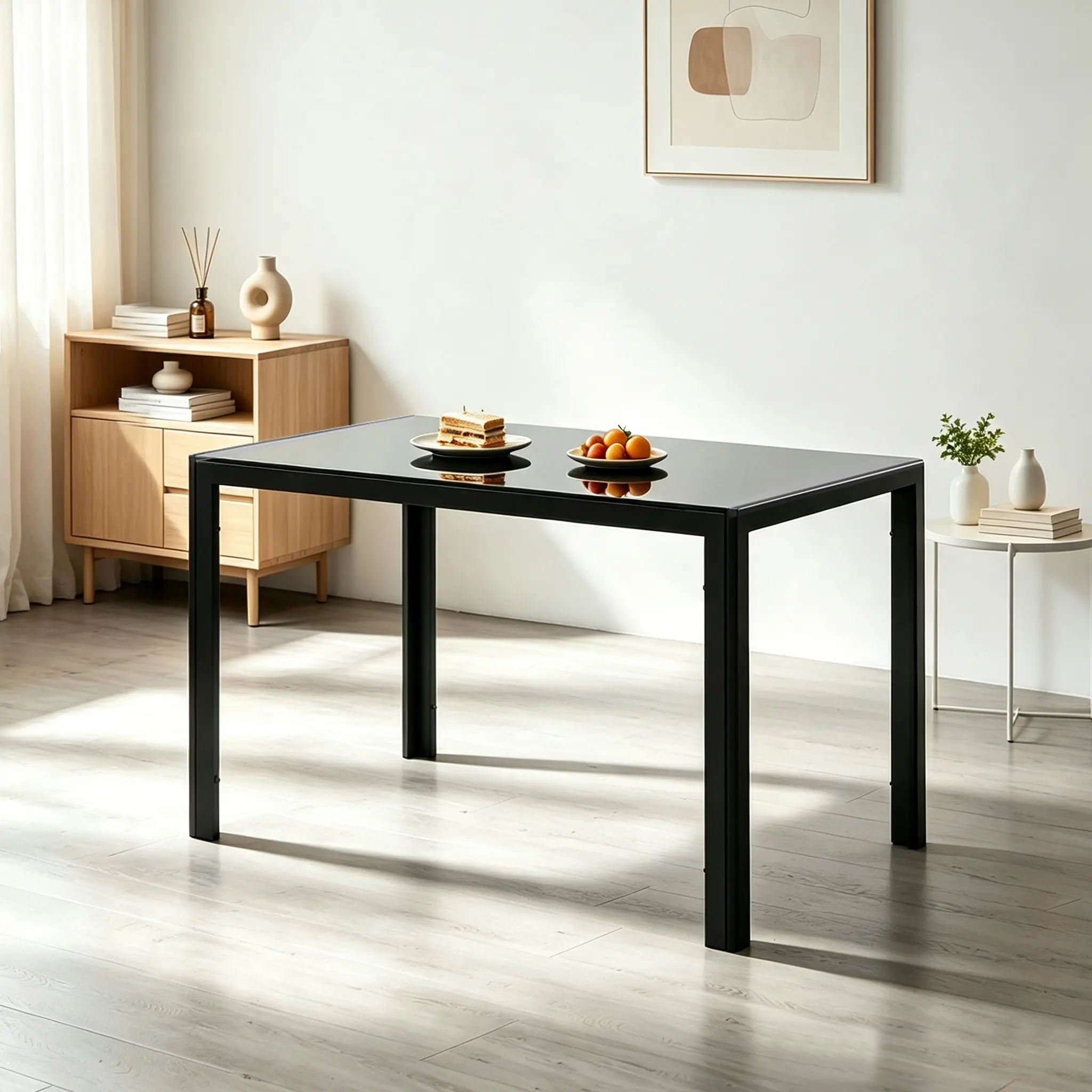 47.25" Rectangular Contemporary Glass Top Dining Table - 1-4 People Capacity, Modern Minimalist, Tempered Glass Top, Metal Straight Leg Frame, Easy-Clean Black, for Small Apartments, with Assembly Guide