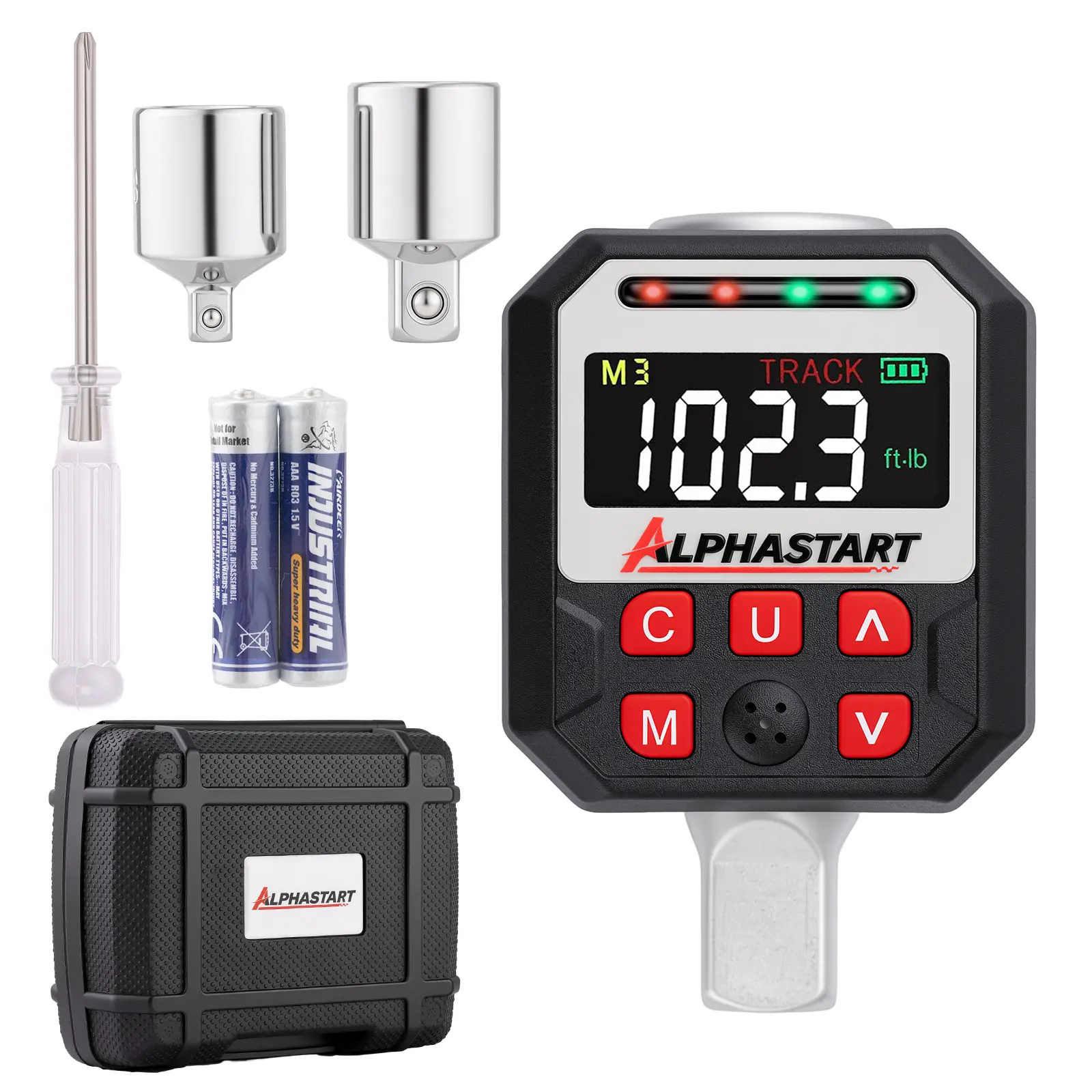 ALPHASTART 1/2" Drive Digital Torque Adapter, 7.38-147.5 ft-lb (10-200 Nm), Electronic Torque Wrench Adapter with Buzzer Alert, 1/4" & 3/8" Adapters, Batteries & Case Included