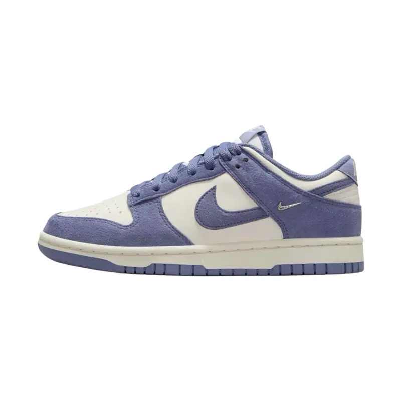 Women’s NIKE Dunk Low 'World Indigo' Leather Trendy Walking Sneakers - Casual Athletic Colorblock Shoes, Gold Mini Swoosh Accent, Indigo Rubber Outsole, Sail White Midsole, Modern Everyday Use
