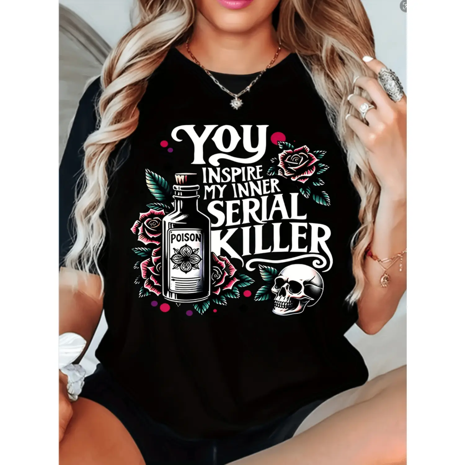 funny plus size womens you my inner killer graphic tee edgy skull roses fabric casual crew neck short sleeve top for wear spring summer fashion