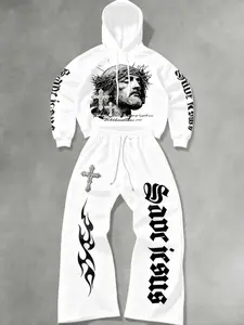Men's Jesus Graphic Print Hoodie Set, Fleece Lined Sweatshirt + Waist Drawstring Wide Leg Pants, Casual Fall & Winter