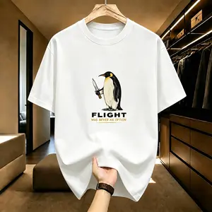 Unisex White Cotton Crew Neck T-Shirt, Funny Flight Was Never An Option Knife Holding Emperor Penguin Vintage Watercolor Front Chest Print Graphic Tee, Dark Humor Animal Casual Top Gift For Penguin Lovers & Meme Fans