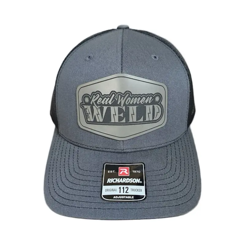 Real Women Weld Charcoal Rounded Hex - Richardson 112 Trucker Hat with Snapbexx Patch - Black Mid-Profile Adjustable Snapback Hat for Adults