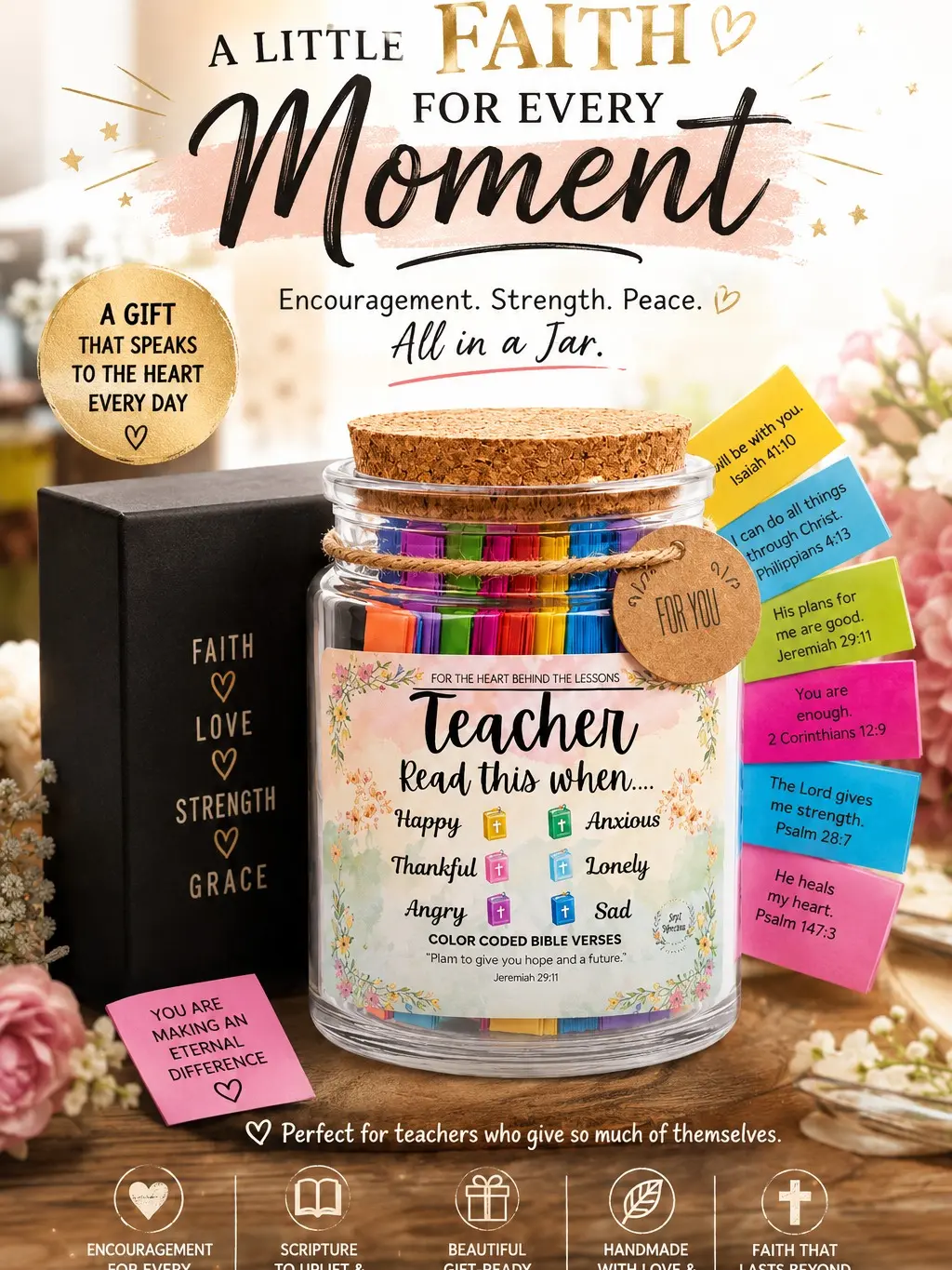 Read Me When Bible Verse Jar for Teacher – Christian Gift with Scripture Cards, Appreciation Gift, End of Year Teacher Retirement Present, Religious Gifts for Women
