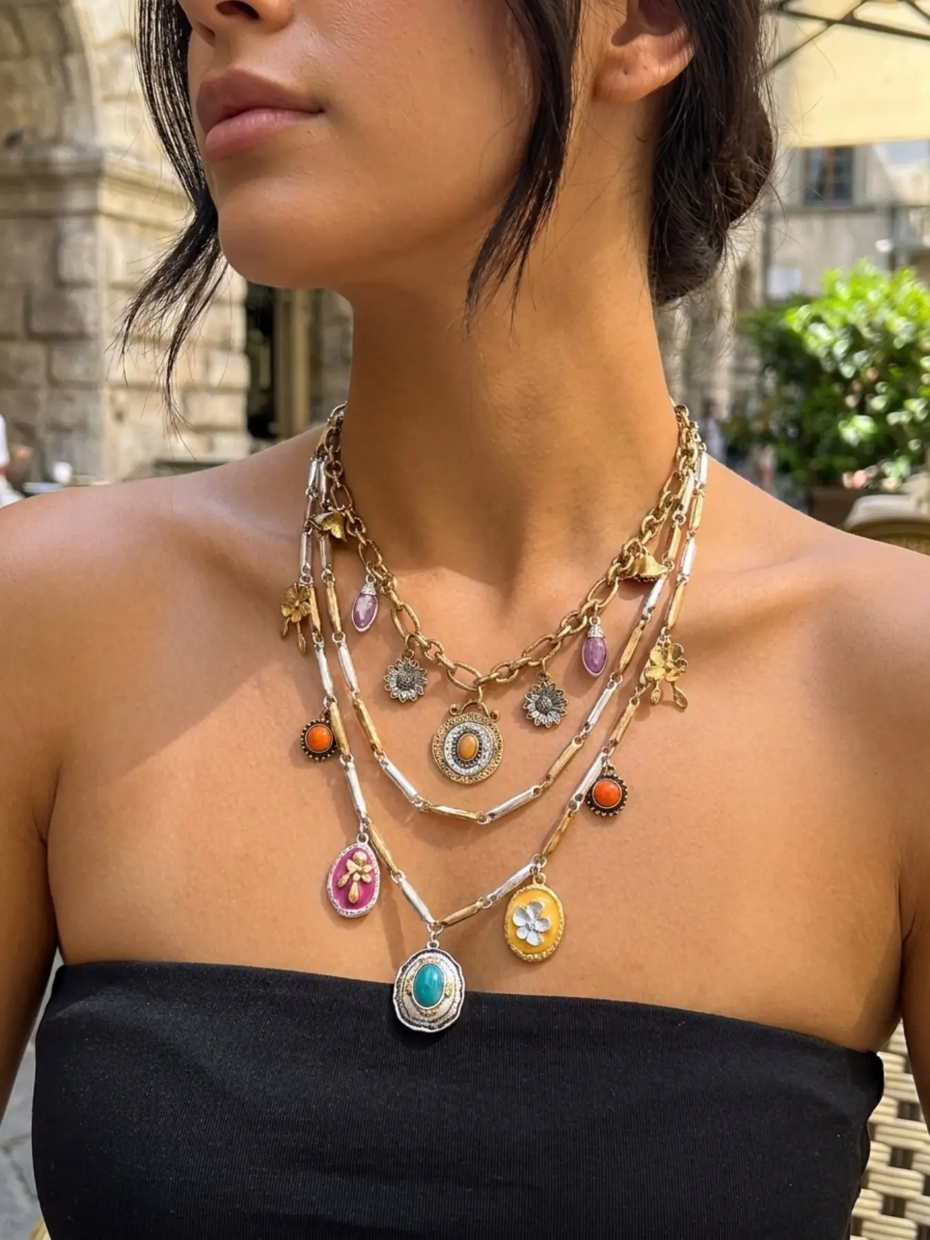 3-Piece Retro Ethnic Layered Pendant Necklace, Multicolor Gemstones & Floral Design, Bohemian Vintage Collar Chain, Trendy Vacation Accessory, Boho Style Jewelry