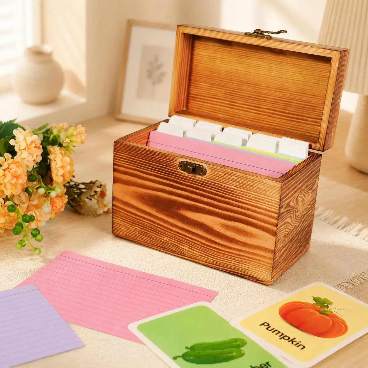 4x6\3x5 Index Card Holder Box – Torched Wood Wooden Storage Organizer with Cards & Dividers – Recipe, Study & Flash Card Organizer for Desk & Kitchen
