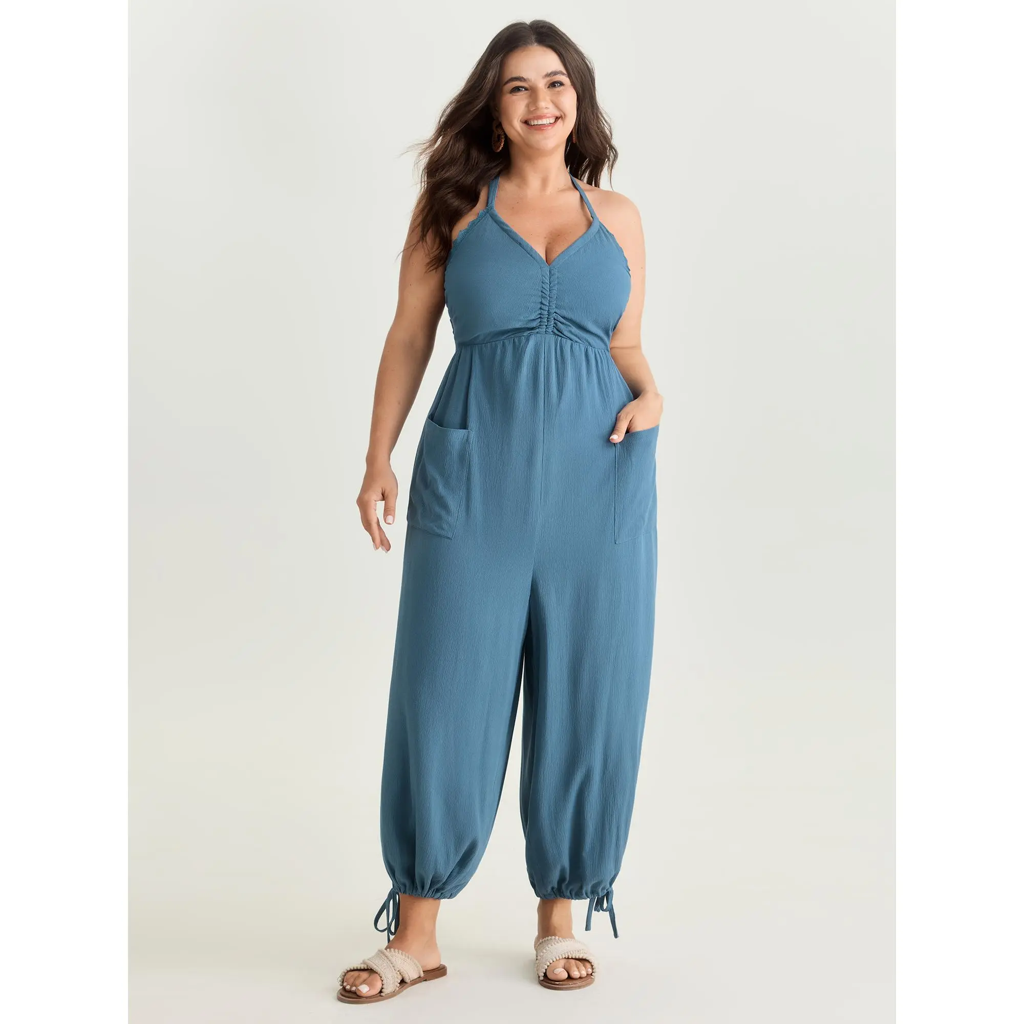 BloomChic Plus Size Casual Jumpsuit, Solid Rayon Fabric with a Boho Vibe, Ruched Front, Crisscross Tie & Patch Pocket