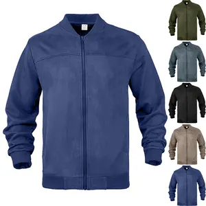 Men's Faux Suede Solid Color Stand Collar Zip Up Jacket Elastic Long Sleeve Casual Cardigan Coat