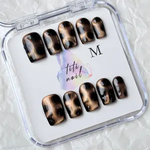 TiTinails Brown Black Tortoise Shell Press On Nails| Short Squoval Shape| 100% Handmade 10pc Reusable Set