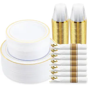 350 Piece Gold Dinnerware Set,100, 50 Cups,50 Pre Rolled with Silverware, Disposable Gold Dinnerware Set for 50 Guest