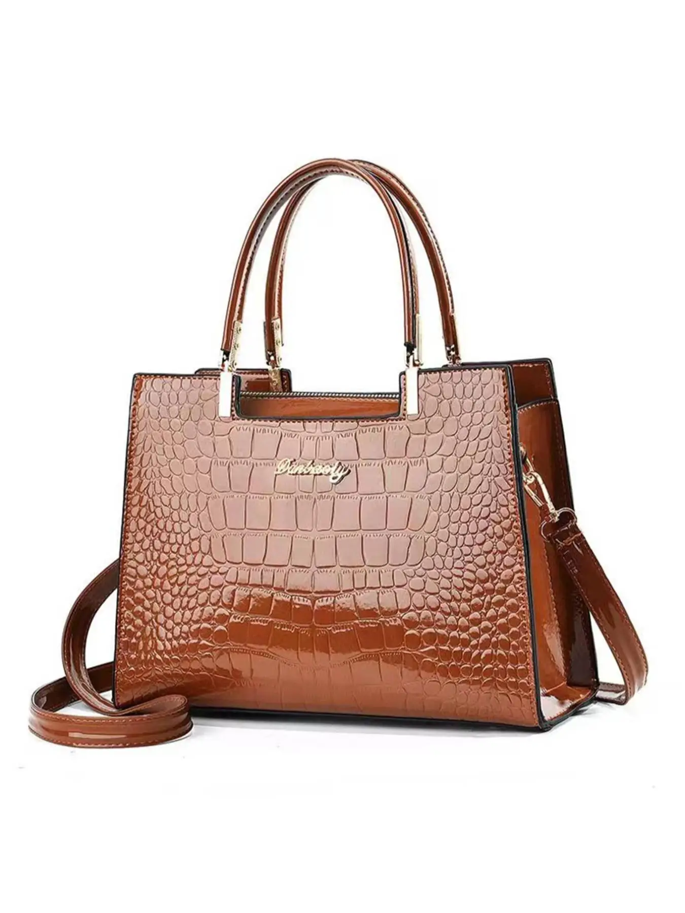 Women's PU Crocodile Embossed Square Handbag As Gift, Fashion Letter Label Classic Tote Bag for Work & Office, Elegant Matching Crossbody Bag As Gift