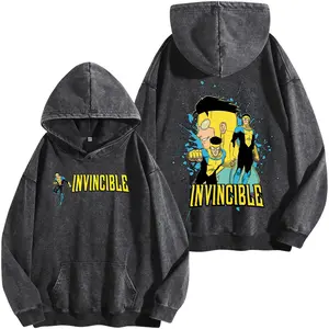 Superstyle Limited Mark Grayson Style Invincible War Washed Hoodie Comic Double Printed Oversize Lightweight Acid Washed Tee TV Series Graphic Tee T-Shirt